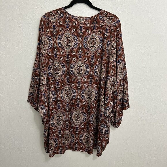 Allison Terracotta Leoni Kimono Wrap Short Sleeve Brown Ikat Floral Sz M/L Boho - Picture 6 of 9
